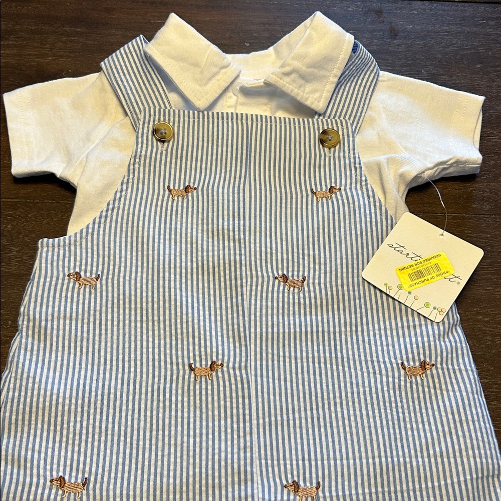 New with Tags Starting Out Blue Stripe 2-Piece with Embroidered Dogs